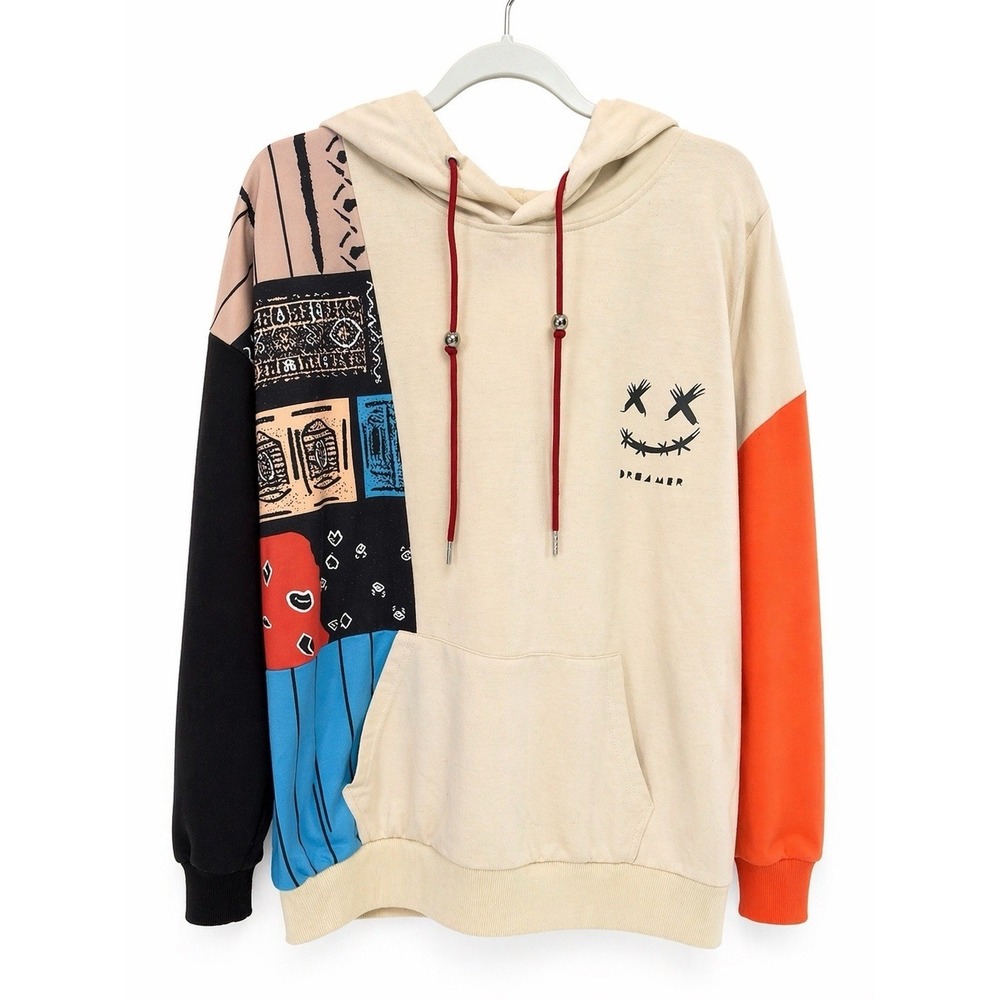 Charmkp Dreamer Hoodie Size L Colorblock Graphic Pullover Sweatshirt Beige